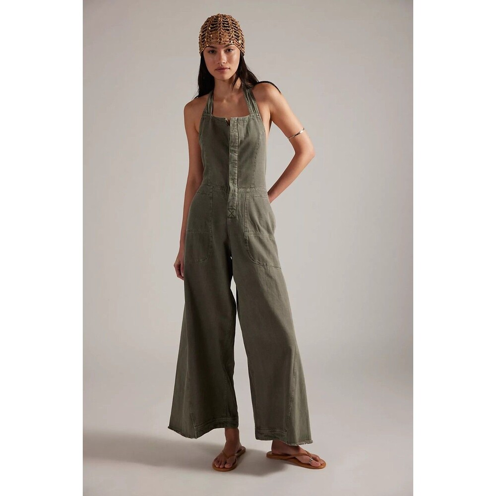 Free People Phoenix Solid Overalls Jumpsuit Dress Wide Leg Halter S 288359